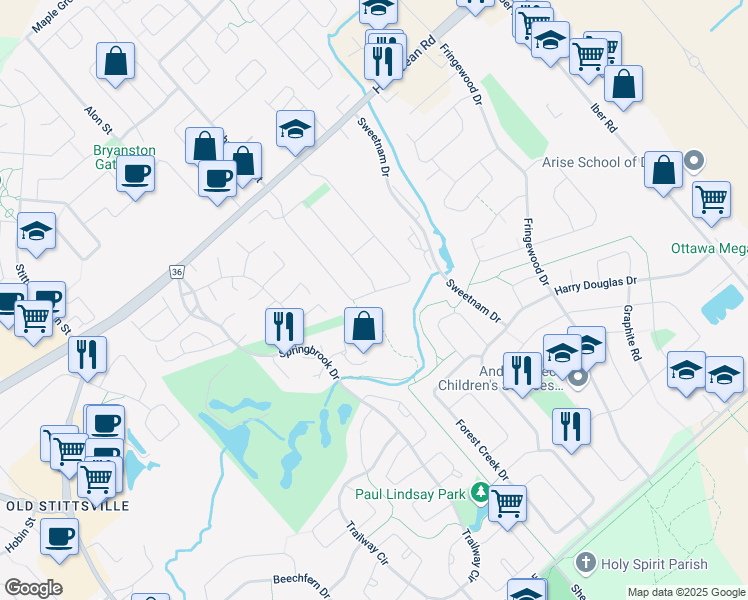 map of restaurants, bars, coffee shops, grocery stores, and more near 10 Greer Street in Ottawa