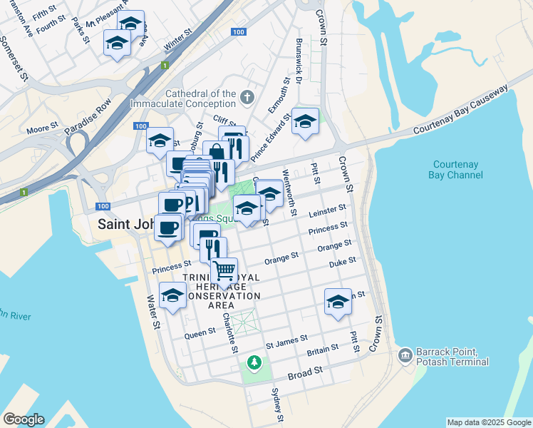 map of restaurants, bars, coffee shops, grocery stores, and more near 62 Carmarthen Street in Saint John