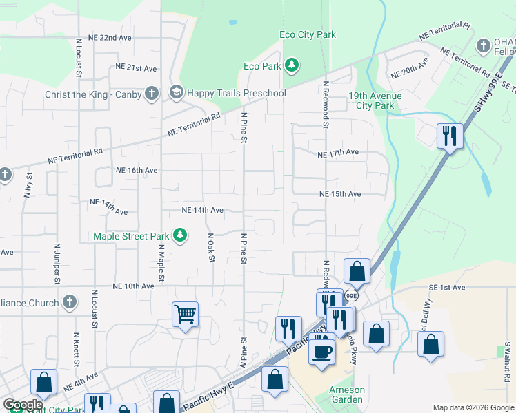 map of restaurants, bars, coffee shops, grocery stores, and more near 1164 Northeast 14th Place in Canby