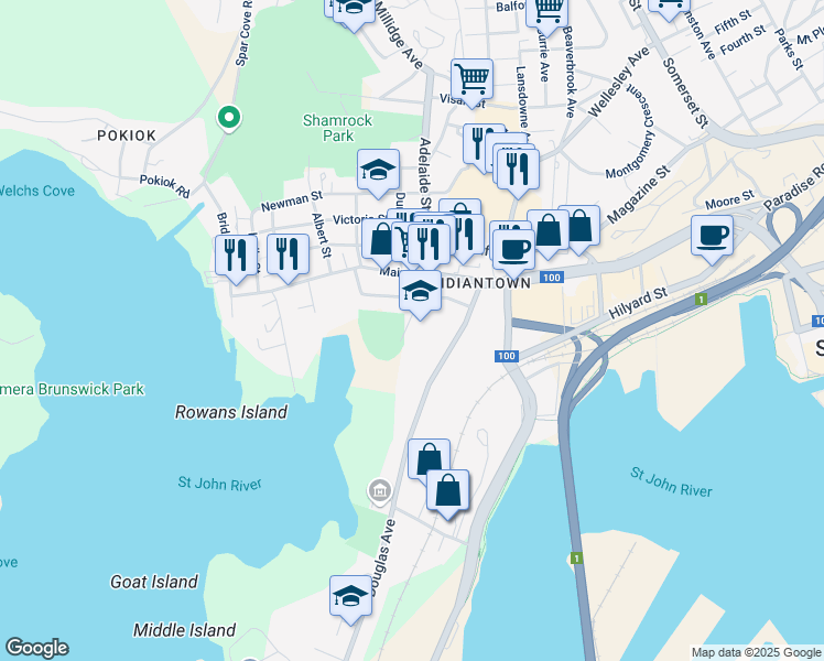 map of restaurants, bars, coffee shops, grocery stores, and more near 30 Douglas Street in Saint John