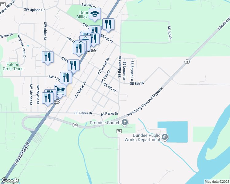 map of restaurants, bars, coffee shops, grocery stores, and more near 719 Southeast 9th Street in Dundee