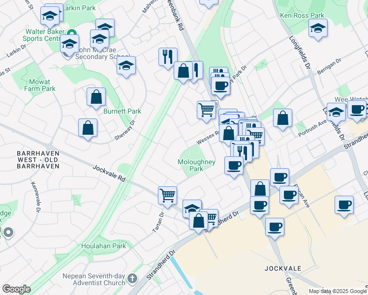 map of restaurants, bars, coffee shops, grocery stores, and more near 89 Glacier Street in Ottawa