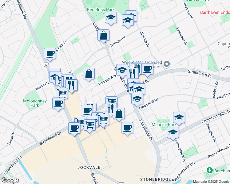 map of restaurants, bars, coffee shops, grocery stores, and more near 147 Keltie Private in Ottawa