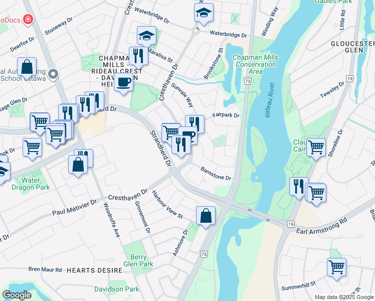 map of restaurants, bars, coffee shops, grocery stores, and more near 350 Cresthaven Drive in Ottawa