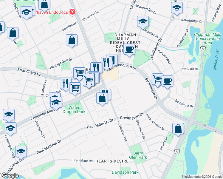 map of restaurants, bars, coffee shops, grocery stores, and more near 159 Tacom Circle in Ottawa