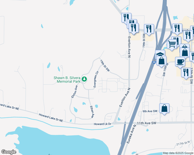 map of restaurants, bars, coffee shops, grocery stores, and more near 22457 Evergreen Circle in Forest Lake