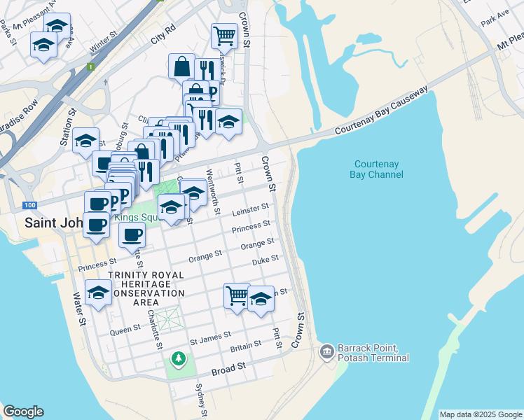 map of restaurants, bars, coffee shops, grocery stores, and more near 150 Leinster Street in Saint John