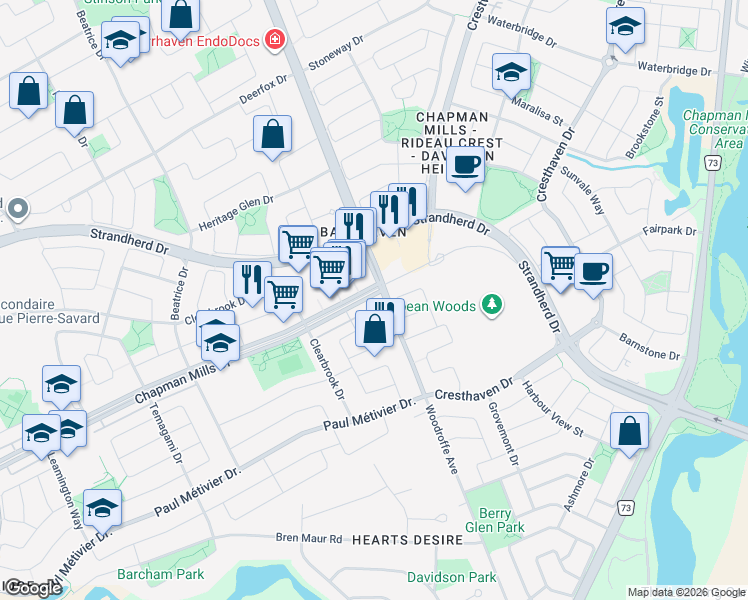 map of restaurants, bars, coffee shops, grocery stores, and more near 112 Chapman Mills Drive in Ottawa