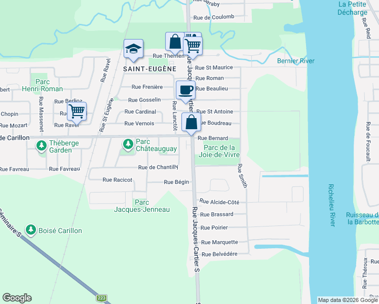 map of restaurants, bars, coffee shops, grocery stores, and more near 502 Rue Jacques-Cartier Sud in Saint-Jean-sur-Richelieu