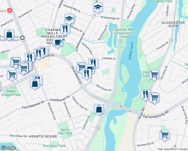 map of restaurants, bars, coffee shops, grocery stores, and more near 267 Cresthaven Drive in Ottawa