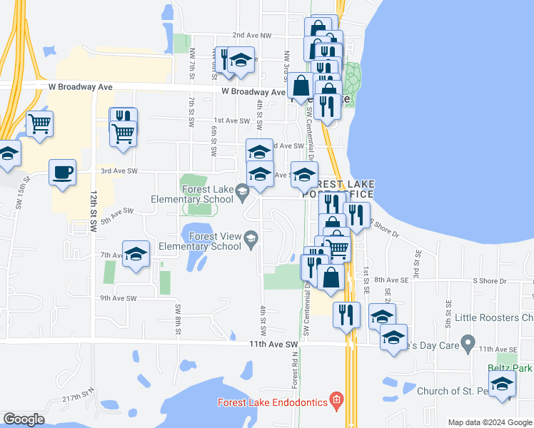 map of restaurants, bars, coffee shops, grocery stores, and more near 489 4th Street Southwest in Forest Lake