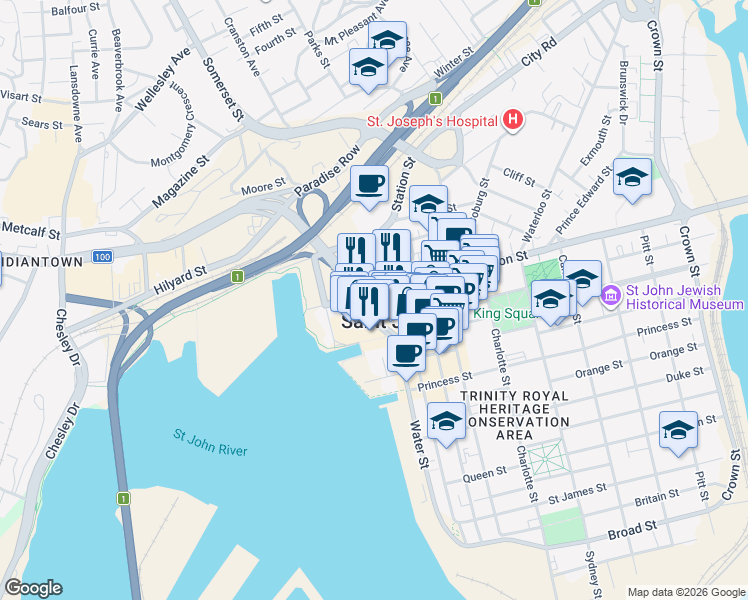 map of restaurants, bars, coffee shops, grocery stores, and more near 50 Union Street in Saint John