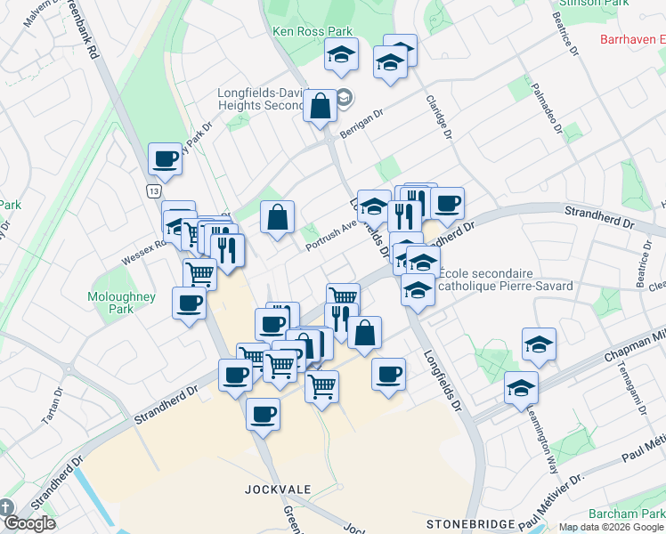 map of restaurants, bars, coffee shops, grocery stores, and more near 255 Deercroft Avenue in Ottawa