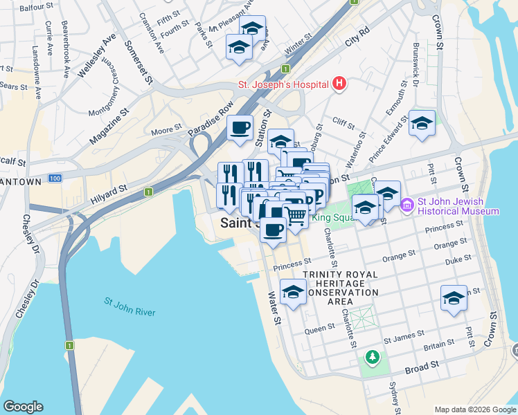 map of restaurants, bars, coffee shops, grocery stores, and more near 9 Chipman Hill in Saint John