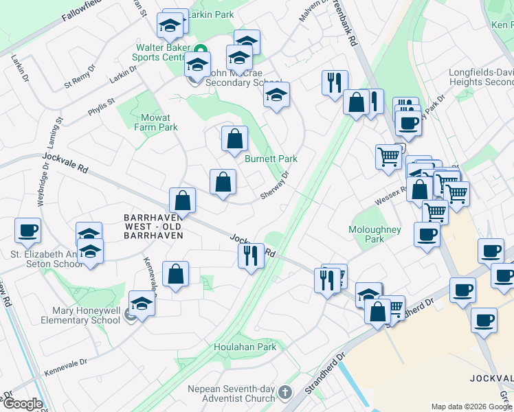 map of restaurants, bars, coffee shops, grocery stores, and more near 176 Sherway Drive in Ottawa