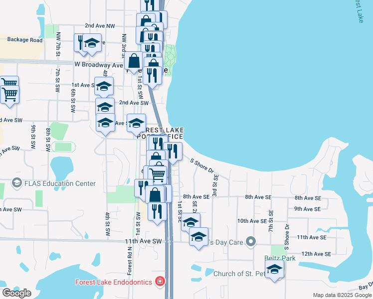 map of restaurants, bars, coffee shops, grocery stores, and more near 107 South Shore Drive in Forest Lake
