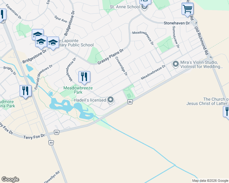 map of restaurants, bars, coffee shops, grocery stores, and more near 251 Meadowbreeze Drive in Ottawa