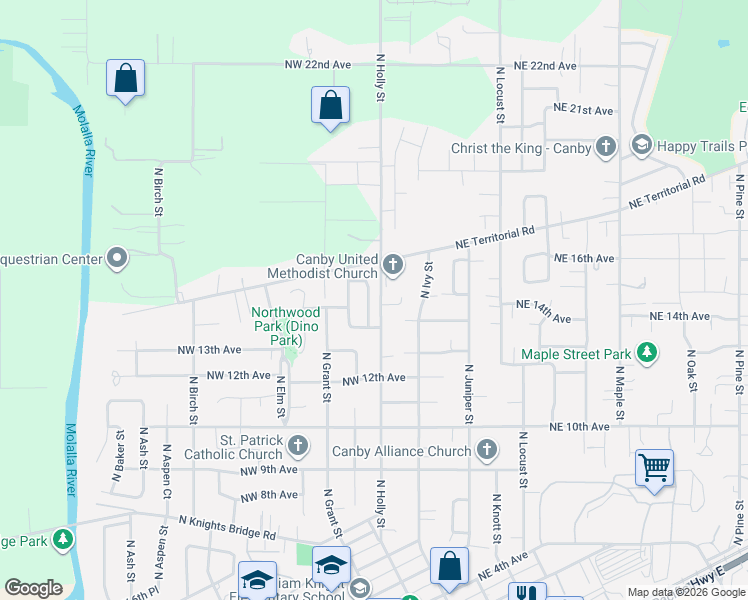 map of restaurants, bars, coffee shops, grocery stores, and more near 1464 North Hazelnut Court in Canby
