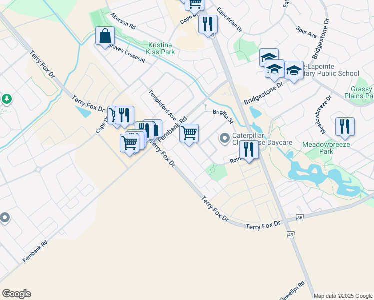 map of restaurants, bars, coffee shops, grocery stores, and more near 133 Overberg Way in Ottawa