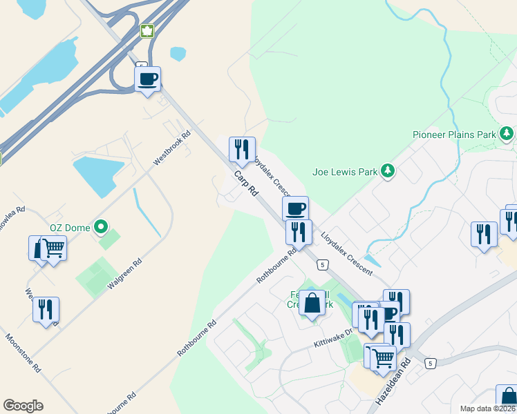 map of restaurants, bars, coffee shops, grocery stores, and more near 2043 Carp Road in Ottawa