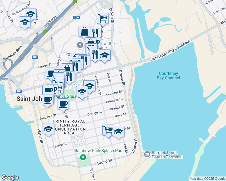 map of restaurants, bars, coffee shops, grocery stores, and more near 64 Pitt Street in Saint John