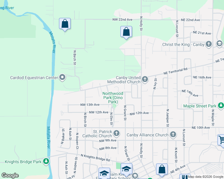 map of restaurants, bars, coffee shops, grocery stores, and more near 1481 North Fir Street in Canby