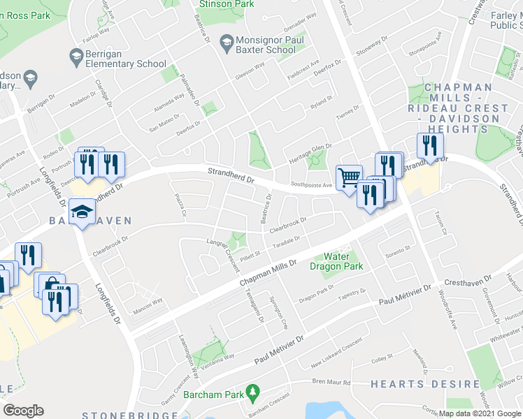 map of restaurants, bars, coffee shops, grocery stores, and more near 614 Beatrice Drive in Ottawa