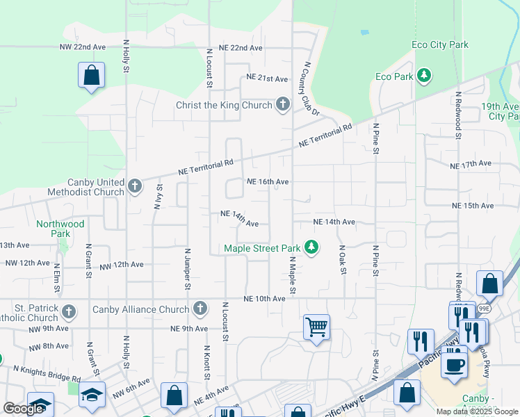 map of restaurants, bars, coffee shops, grocery stores, and more near 1551 Northeast Laurelwood Circle in Canby
