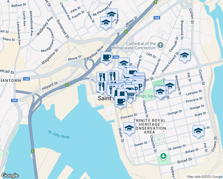 map of restaurants, bars, coffee shops, grocery stores, and more near 76 Union Street in Saint John