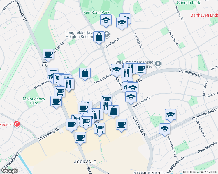map of restaurants, bars, coffee shops, grocery stores, and more near 117 Keltie Private in Ottawa