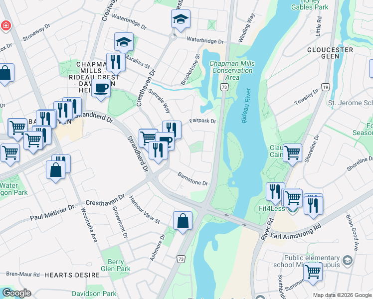 map of restaurants, bars, coffee shops, grocery stores, and more near 90 Sunvale Way in Ottawa