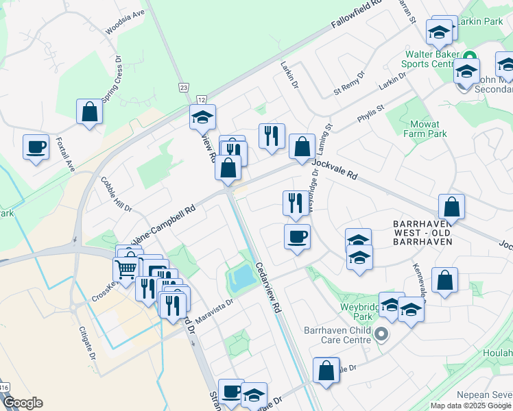 map of restaurants, bars, coffee shops, grocery stores, and more near 22 Beddington Avenue in Ottawa