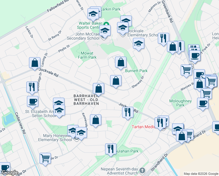 map of restaurants, bars, coffee shops, grocery stores, and more near 206 Sherway Drive in Ottawa