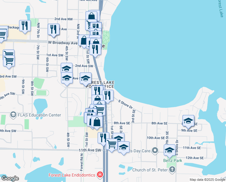 map of restaurants, bars, coffee shops, grocery stores, and more near 107 South Shore Drive in Forest Lake
