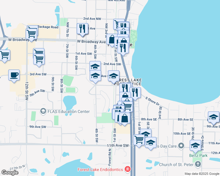 map of restaurants, bars, coffee shops, grocery stores, and more near 212 Southwest 4th Avenue in Forest Lake