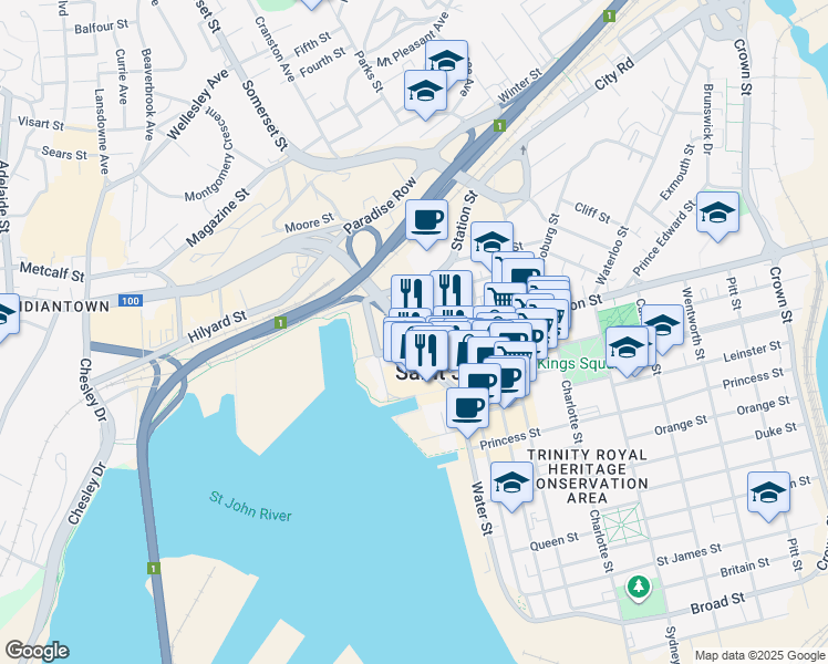 map of restaurants, bars, coffee shops, grocery stores, and more near 55 Union Street in Saint John