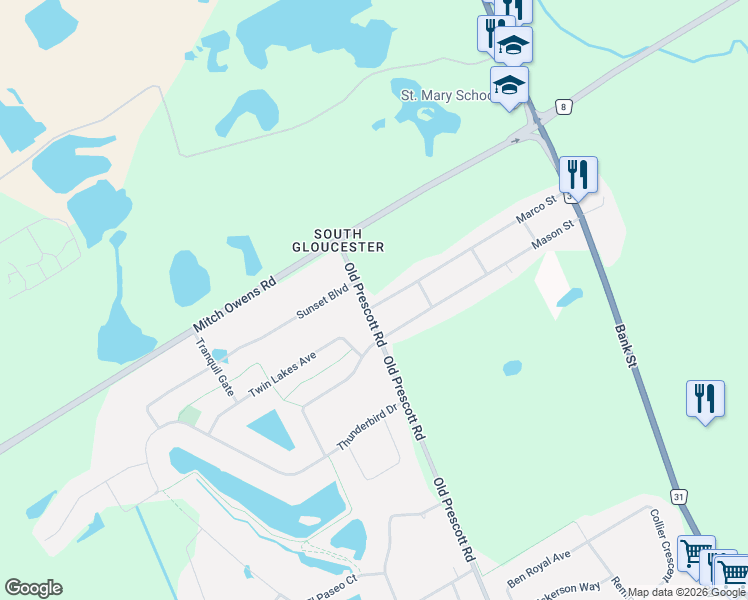 map of restaurants, bars, coffee shops, grocery stores, and more near 6963 Marco Street in Ottawa