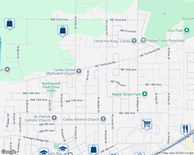 map of restaurants, bars, coffee shops, grocery stores, and more near 1438 North Juniper Place in Canby