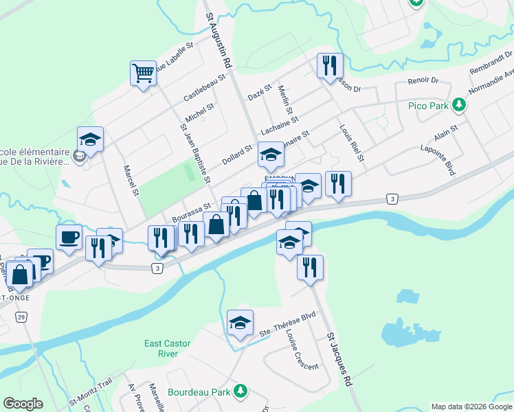 map of restaurants, bars, coffee shops, grocery stores, and more near 15 Forget Street in Embrun