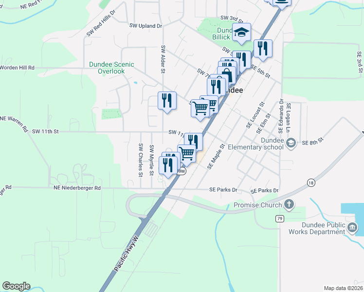 map of restaurants, bars, coffee shops, grocery stores, and more near 1143 Southwest James Court in Dundee