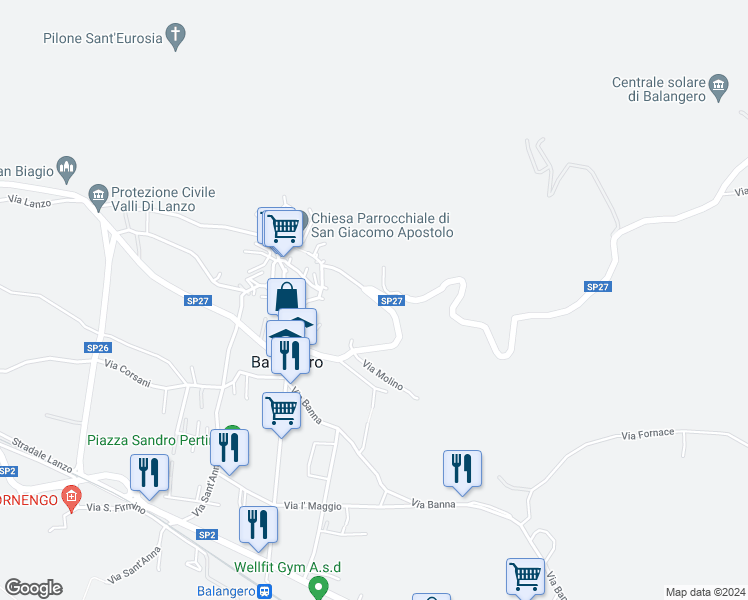 map of restaurants, bars, coffee shops, grocery stores, and more near Strada Provinciale 27 in Balangero