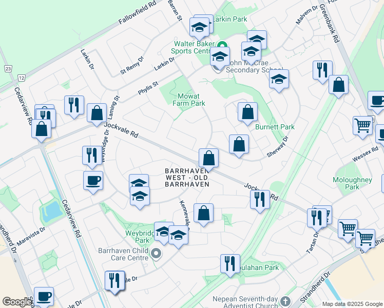 map of restaurants, bars, coffee shops, grocery stores, and more near 16 Melville Drive in Ottawa