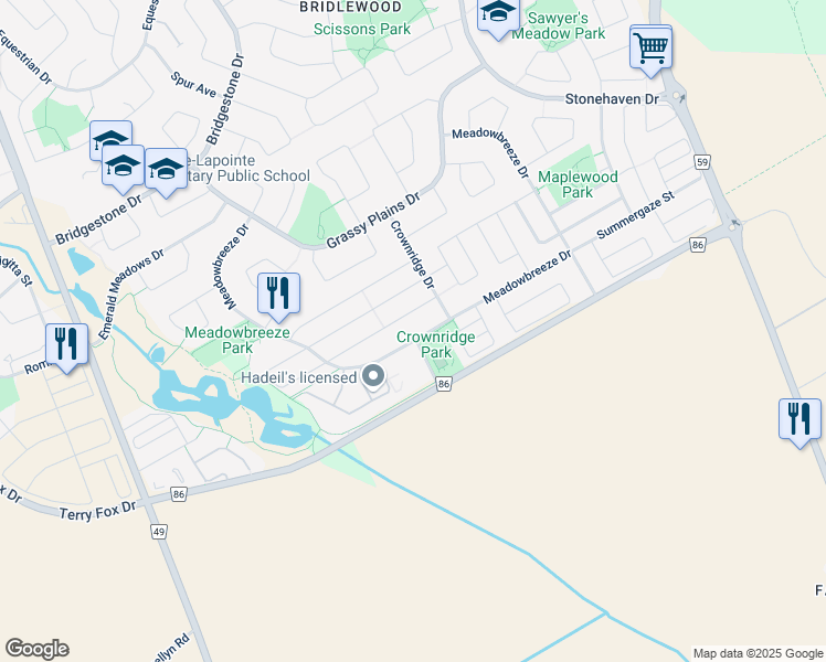 map of restaurants, bars, coffee shops, grocery stores, and more near 275 Meadowbreeze Drive in Ottawa