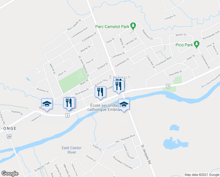 map of restaurants, bars, coffee shops, grocery stores, and more near 15 Forget Street in Embrun