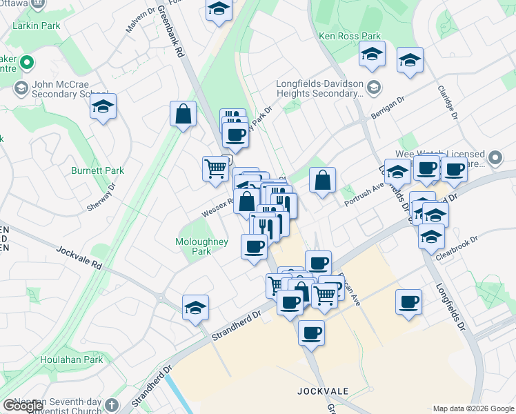 map of restaurants, bars, coffee shops, grocery stores, and more near 1181 Greenbank Road in Ottawa