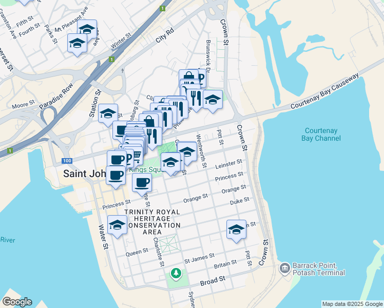 map of restaurants, bars, coffee shops, grocery stores, and more near 129 King Street East in Saint John