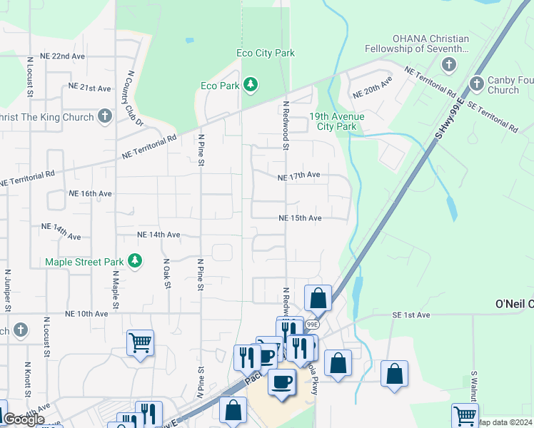 map of restaurants, bars, coffee shops, grocery stores, and more near 1410 Northeast 15th Avenue in Canby