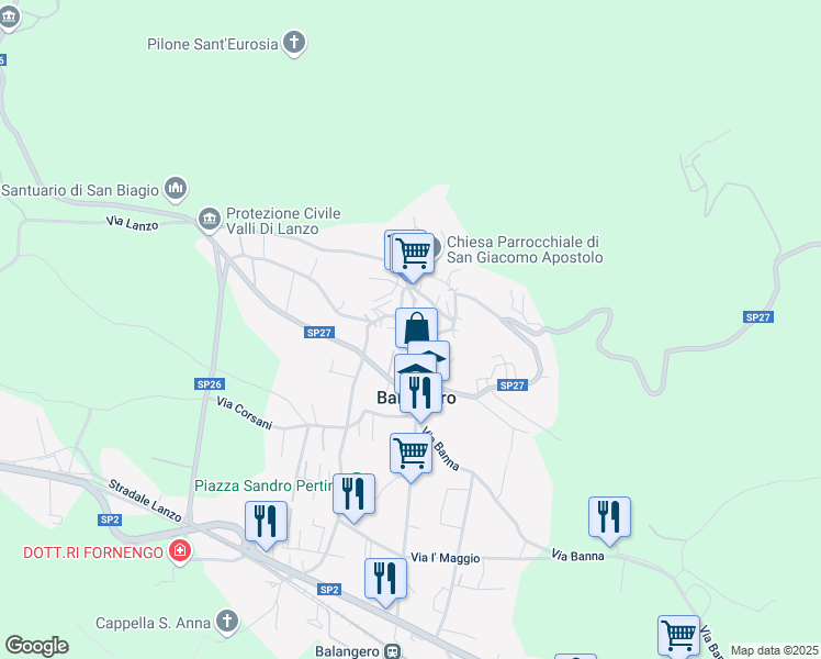 map of restaurants, bars, coffee shops, grocery stores, and more near Strada Provinciale 27 in Balangero