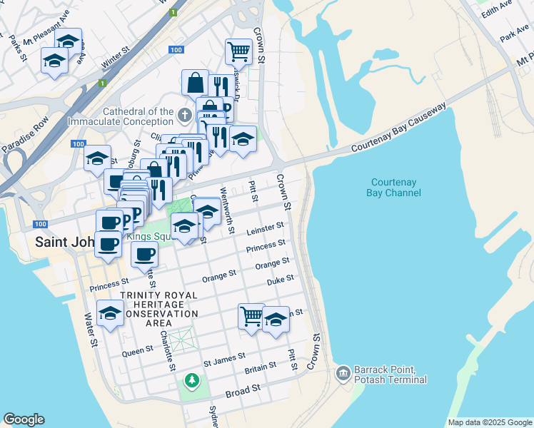 map of restaurants, bars, coffee shops, grocery stores, and more near 244 King Street East in Saint John
