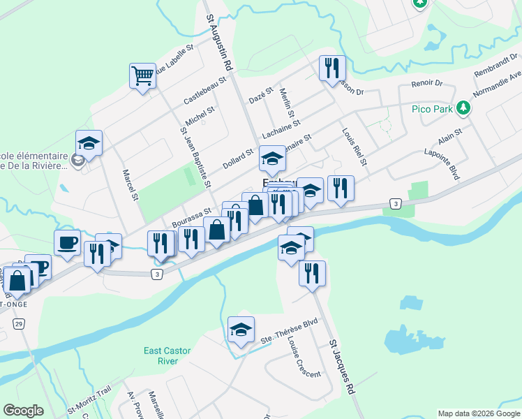 map of restaurants, bars, coffee shops, grocery stores, and more near 15 Forget Street in Embrun